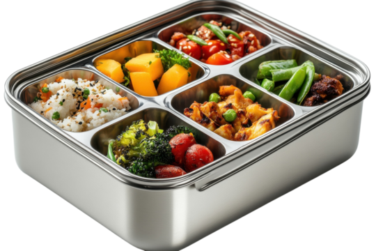 Healthy meal prep in stainless steel bento box Rice veggies protein for balanced nutrition