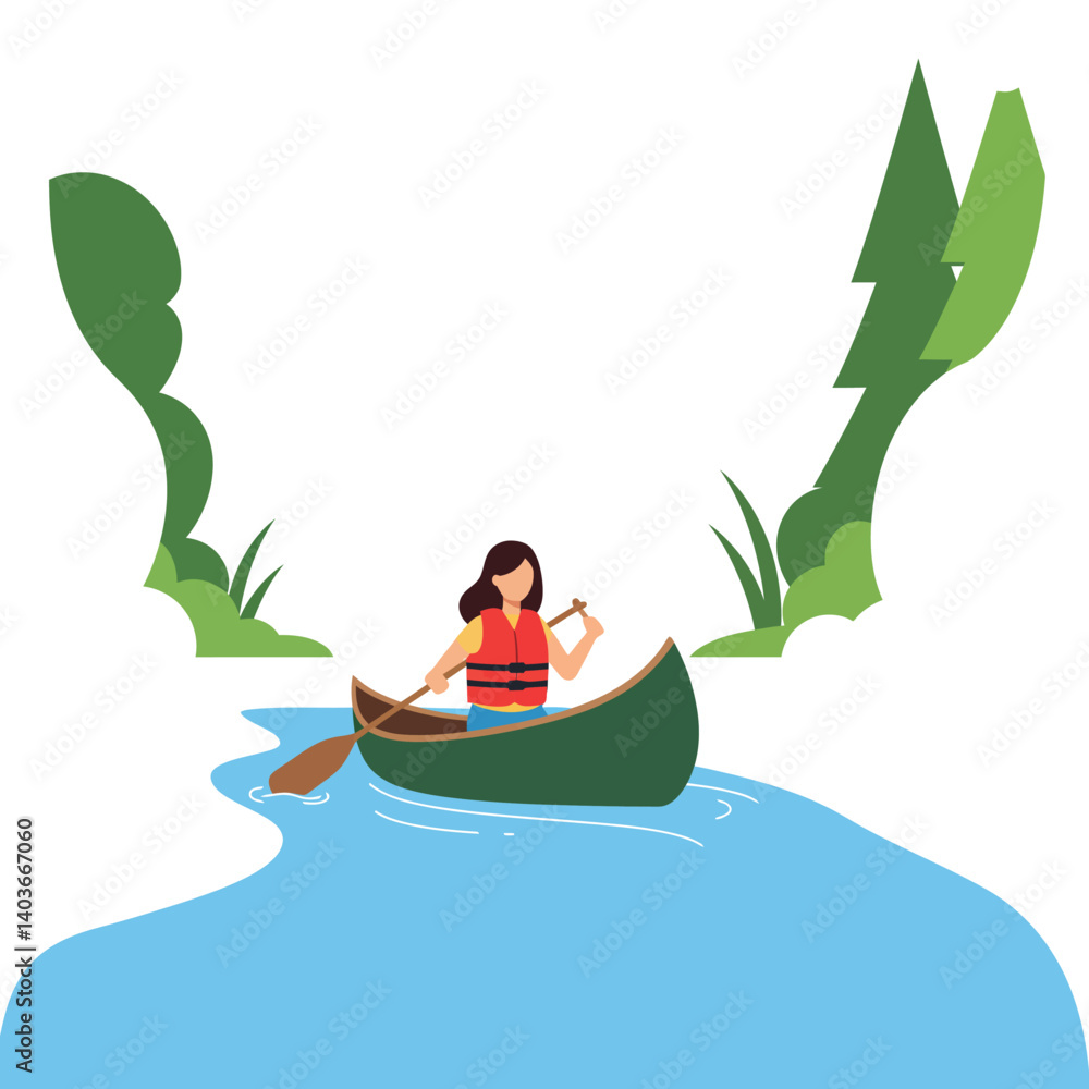 Poster canoeing on a river with trees in a flat vector art style