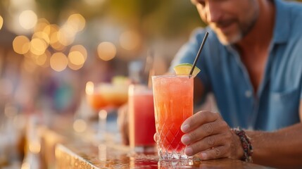 Sunset cocktails at a tropical lounge with a bartender serving refreshing daiquiris