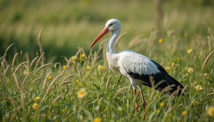 Fototapeta premium White Stork in Sunlit Meadow, Yellow Flowers and Tall Grasses