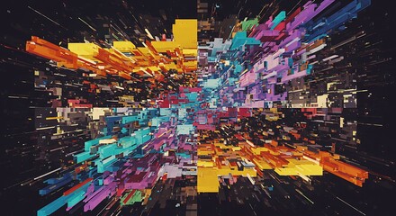 Abstract Multicolored Shapes Bursting Outward on Dark Background