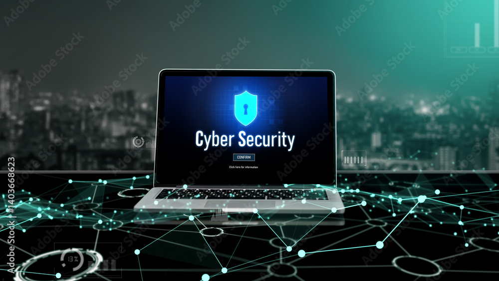 Poster cyber security system on computer screen protect private information snugly from hacker and cyber at