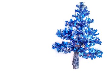 Blue christmas tree on white background with free space