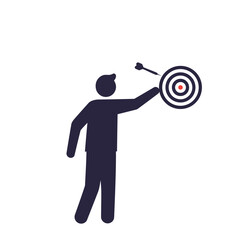 Person throwing dart towards target in flat minimal vector art