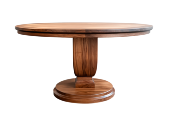 Elegant wooden dining table with a round top and stylish pedestal base PNG