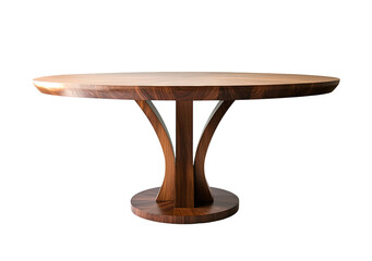 Elegant round wooden dining table with a stylish pedestal base isolated on transparent background