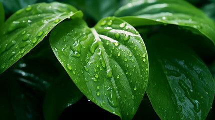 Obraz premium Vibrant green leaves glistening with fresh rainwater, nature's refreshment
