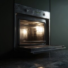 Empty oven with open door in dark kitchen