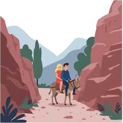 Couple riding a donkey through a canyon in flat vector art