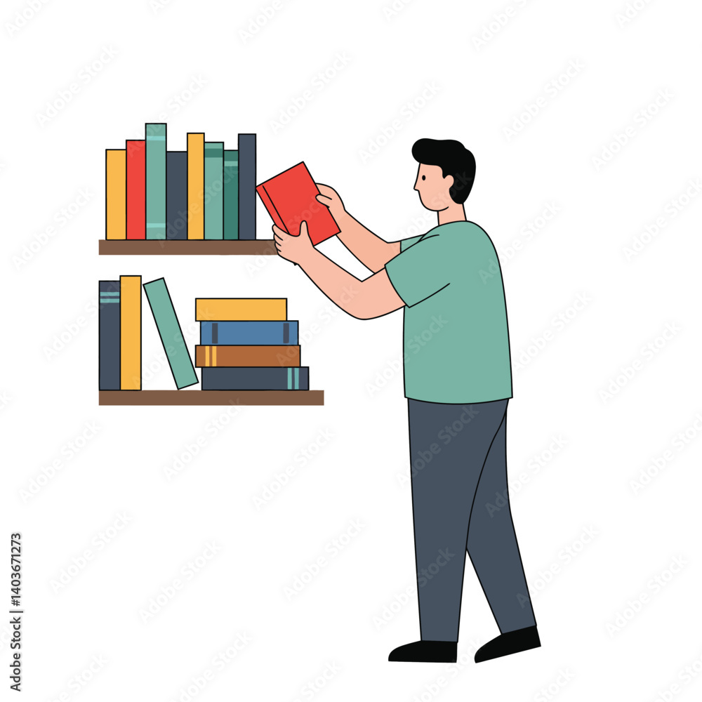 Poster man organizing books in a flat style vector art design with vibrant colors and clear shapes vector i