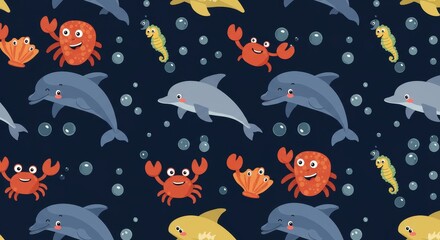 Underwater pattern with dolphins crabs seahorse and bubbles