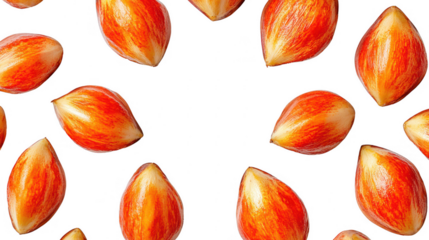 Arrangement of vibrant apricot kernels against a stark black background