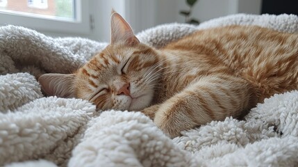 Peaceful Ginger Cat Napping in Cozy Blanket