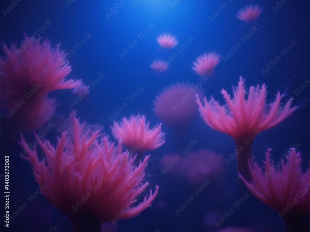 Poster 深海に咲くピンク色の幻想的な水中花 青色の背景に浮かぶ神秘的なサンゴの風景