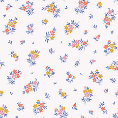 Seamless floral pattern. Cute flowers of small yellow, pink and red flowers and blue leaves. Light flowers on white background in Easter spring vintage print. Stock vector for prints on surface.
