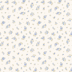  Vintage floral background. Floral pattern with small blue flowers on a ivory white background. Seamless pattern for design and fashion prints. Ditsy style. Stock vector illustration.