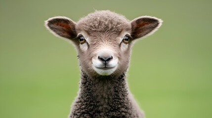 Fototapeta premium Close Up Portrait of a Young Brown Lamb Against a Green Background