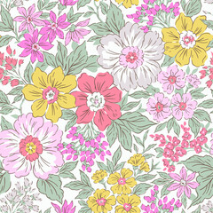 Vintage seamless floral pattern. Liberty style background of small pastel colorful flowers. Small flowers scattered over a white background. Stock vector for printing on surfaces. Easter flowers.