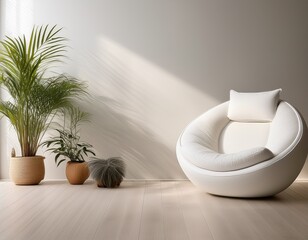 minimalist living room with white pod chair