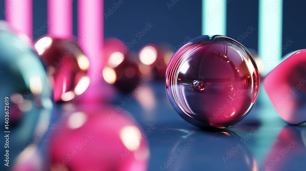 Poster close-up of shiny spheres reflecting pink and teal light, set against a dark blue background, creati