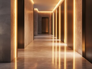Hallway featuring recessed lighting that creates a warm, inviting atmosphere with its warm glow. A sleek and modern design with stone surfaces.