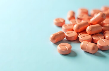 Pink tablets and capsules on a light blue background