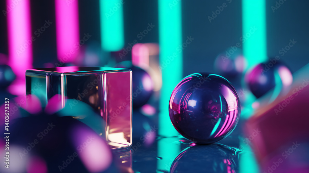 Poster reflective glass cube and sphere on dark surface, illuminated by pink and teal neon lights. showcase