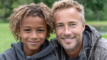 Fototapeta premium Joyful moments between father and child in a sunlit park during the vibrant summer season