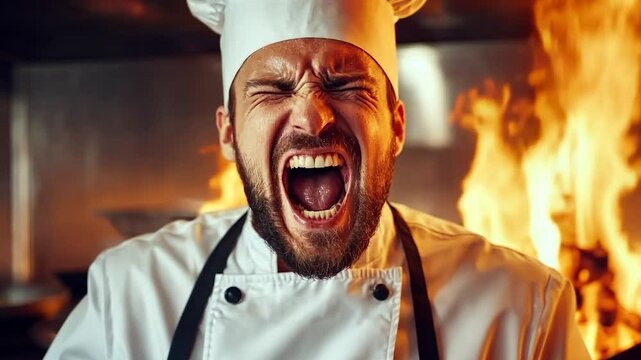 Angry Chef Screaming in Kitchen Fire