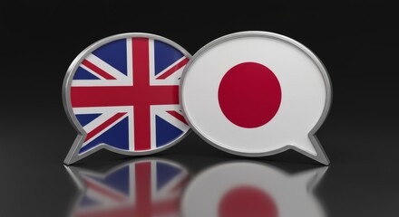 Obraz premium Diplomatic dialogue illustration with UK and Japan flag in overlapping speech bubbles