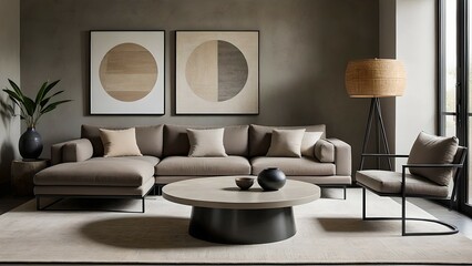 “Modern Minimalist Living Room Interior with Designer Furniture and Natural Light”