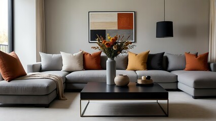 “Modern Minimalist Living Room Interior with Designer Furniture and Natural Light”