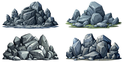 Pile of grey stone set. Rock cartoon. Cobble stone game objects. Boulder, stones and rocks element, isometric 3d flat style. 2d rock asset. Mountain grey stones. Vector pile grey rock stone, isolated 