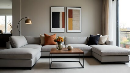 “Modern Minimalist Living Room Interior with Designer Furniture and Natural Light”