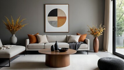 “Modern Minimalist Living Room Interior with Designer Furniture and Natural Light”