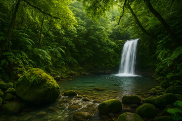 Obraz premium Malerischer Wasserfall in tropischem Regenwald – Naturidylle und grüne Wildnis 