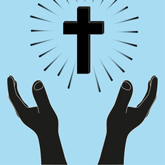 Hands in the air towards a Christian Cross, Christianity or Church based graphic element, worship or faith design concept