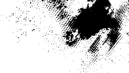 Vector new style halftone dots modern grunge texture black grunge brush stroke white background. Black Ink splatter brush stroke on white halftone dots abstract background