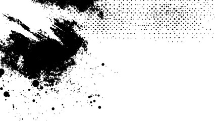 Vector new style halftone dots modern grunge texture black grunge brush stroke white background. Black Ink splatter brush stroke on white halftone dots abstract background