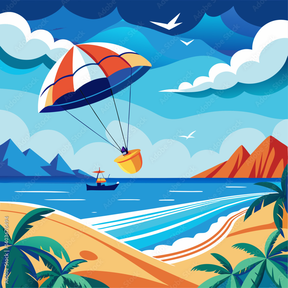 Poster a colorful drawing of a beach scene with a boat and a person in a yellow bucket. the sky is blue and