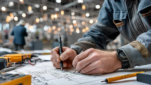 During the daytime, engineers are actively sketching intricate plans and designs in a bustling workshop filled with various tools