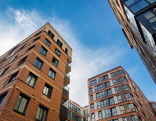 Fototapeta premium contemporary multi story buildings with beige red brick and glass facades with dark framed balconies and windows low angle view