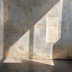 A sunbeam shining through a window onto an old concrete wall creating intricate patterns of light and shadow. The light illuminates a dusty, textured surface with a sense of calmness and beauty. 