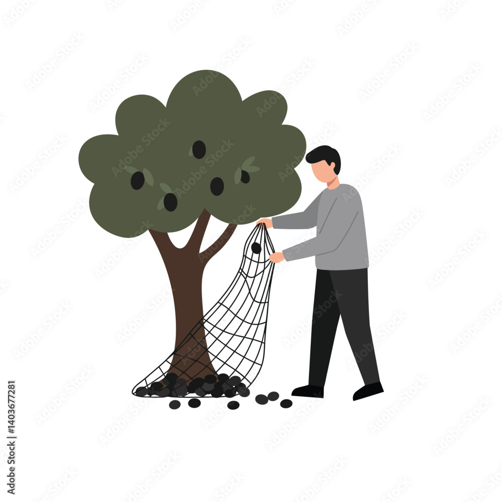 Poster man collecting fruits from tree using net in flat vector art