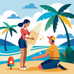 A man and a woman are on a beach, with the man kneeling down and the woman holding a surfboard