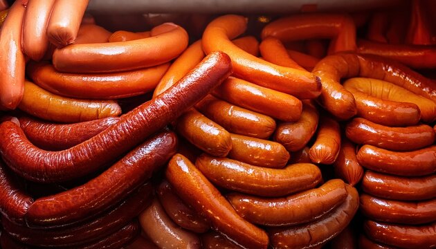Assorted sausages displayed in piles with varied textures and colors - Powered by Adobe