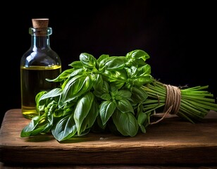 Board with fresh green basil leaves on wooden table