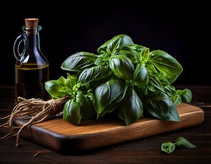 Board with fresh green basil leaves on wooden table