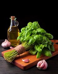 Board with fresh green basil leaves on wooden table