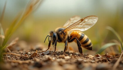 Honeybee foraging on dry soil, close-up detail, blurred background